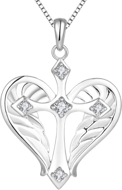 925 Sterling Silver Cross Necklace – Heart &amp; Angel Wings Pendant for Women