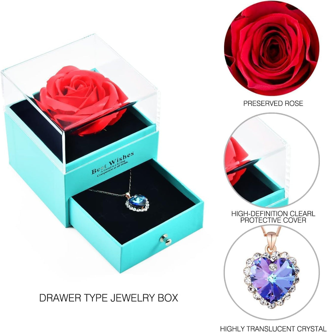 Preserved Rose Gift Box with Necklace – Romantic Gift for Women | Mother’s Day, Anniversary, Birthday, Valentine’s Day