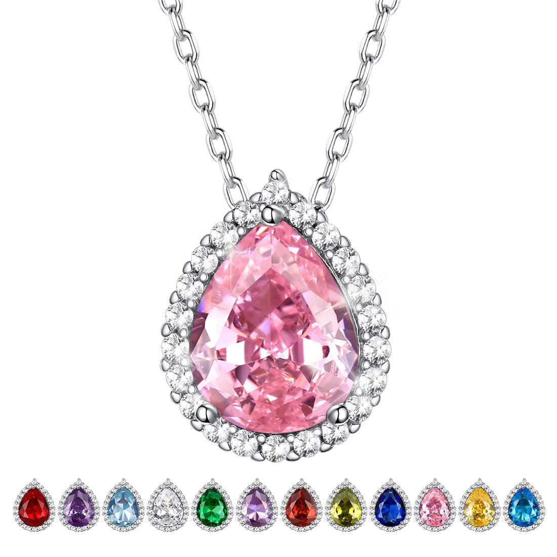 Created Diamond October Tourmaline Teardrop Birthstone Pendant Necklace – Women’s Sterling Silver CZ Jewelry Gift