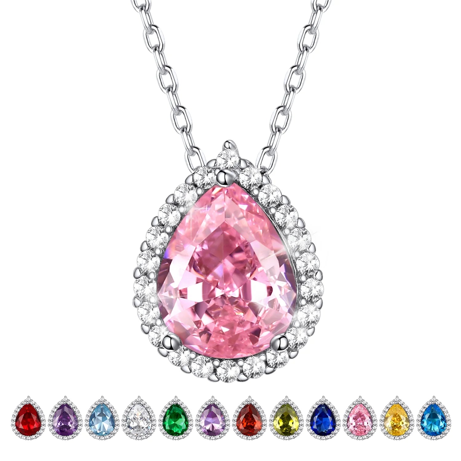 Created Diamond October Tourmaline Teardrop Birthstone Pendant Necklace – Women’s Sterling Silver CZ Jewelry Gift