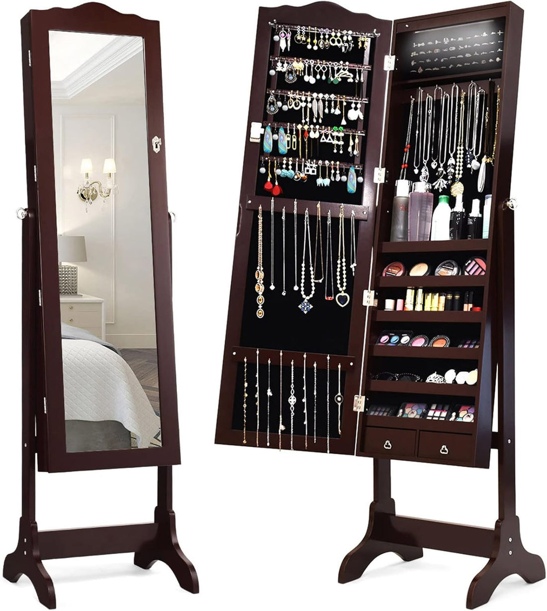 Lockable Jewelry Cabinet Armoire with Full-Length Mirror, LED Lights &amp; Storage Drawers – Floor Standing Organizer (Brown)