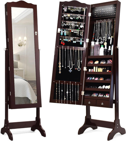Lockable Jewelry Cabinet Armoire with Full-Length Mirror, LED Lights &amp; Storage Drawers – Floor Standing Organizer (Brown)
