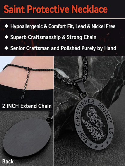 Saint/St. Christopher Pendant Necklace for Men Women Stainless Steel Catholic Christian Oval Medal Blessings Amulet Black Men Jewelry Gift for Dad Grandpa Fathers Day