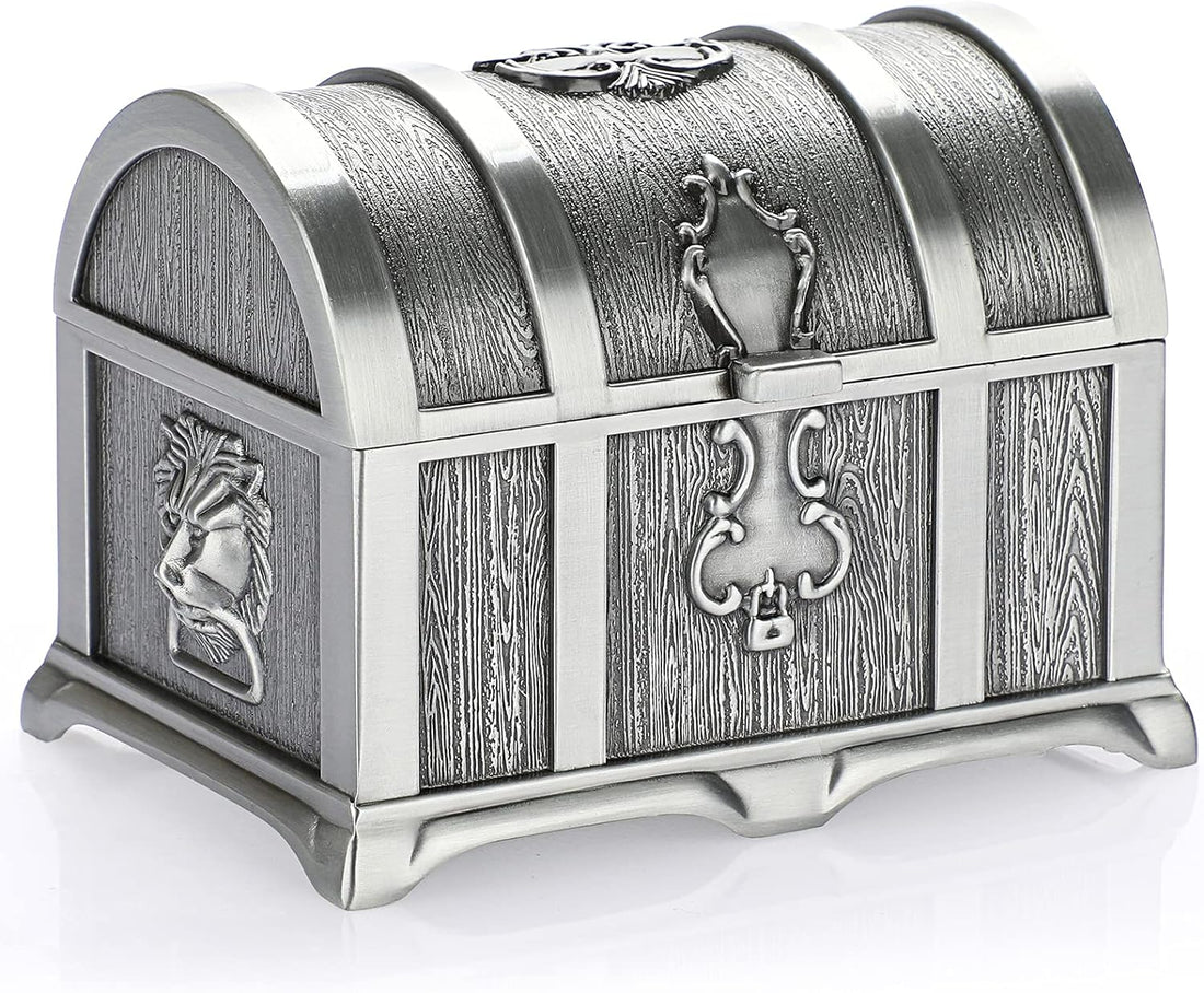 Vintage Metal Jewelry Box Treasure Trinket Chest – Small Metallic Grey Keepsake Case for Rings, Earrings, Necklaces – Medium Size Gift Holder for Women