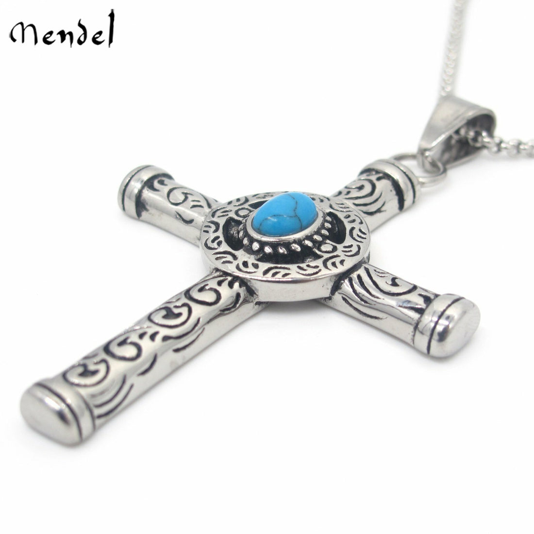 MENDEL Men’s Celtic Norse Turquoise Cross Necklace – Stainless Steel Gothic Pendant