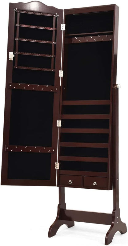 Lockable Jewelry Cabinet Armoire with Full-Length Mirror, LED Lights &amp; Storage Drawers – Floor Standing Organizer (Brown)