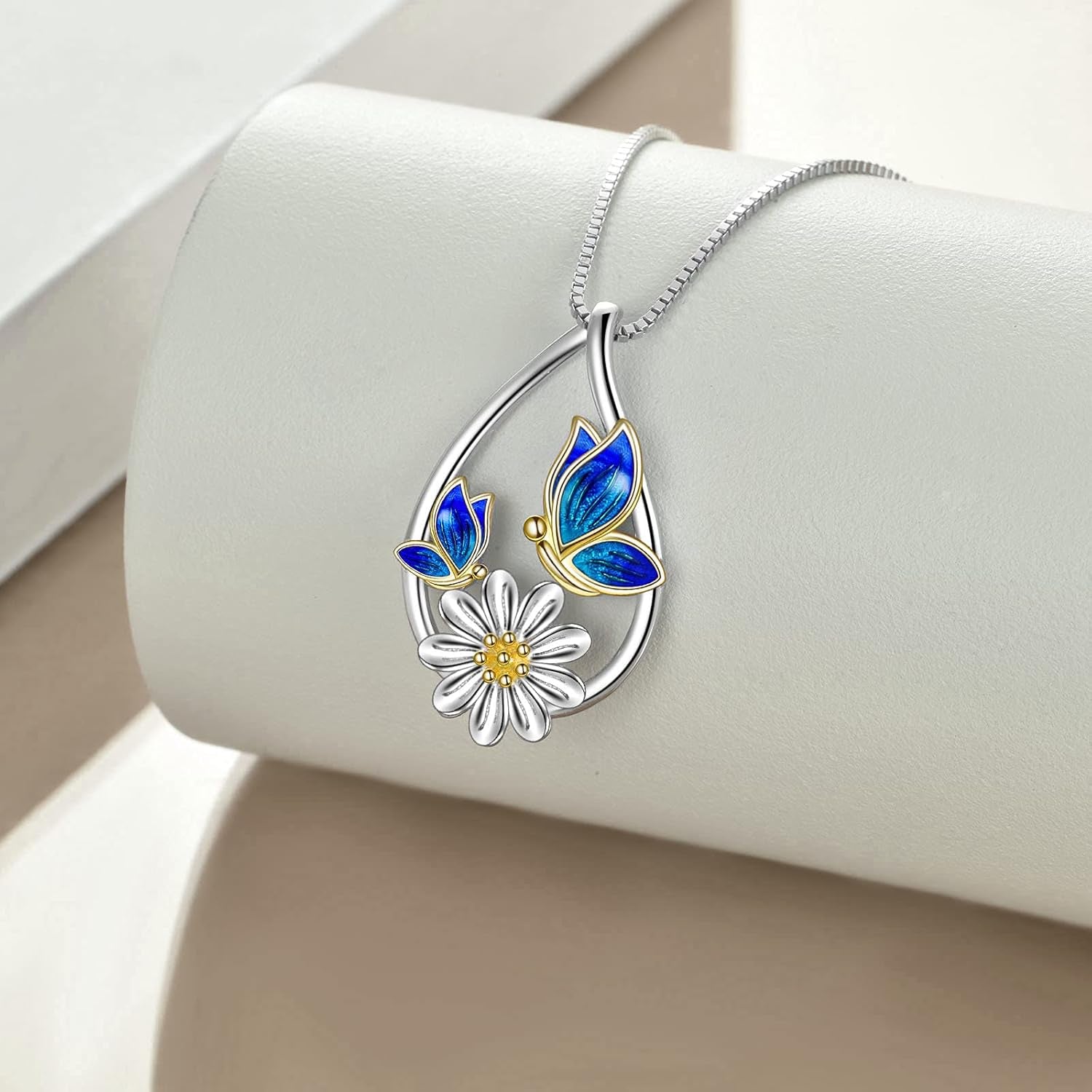 Butterfly Teardrop Daisy Flower Pendant Necklace – Sterling Silver Jewelry Gift for Women &amp; Teens