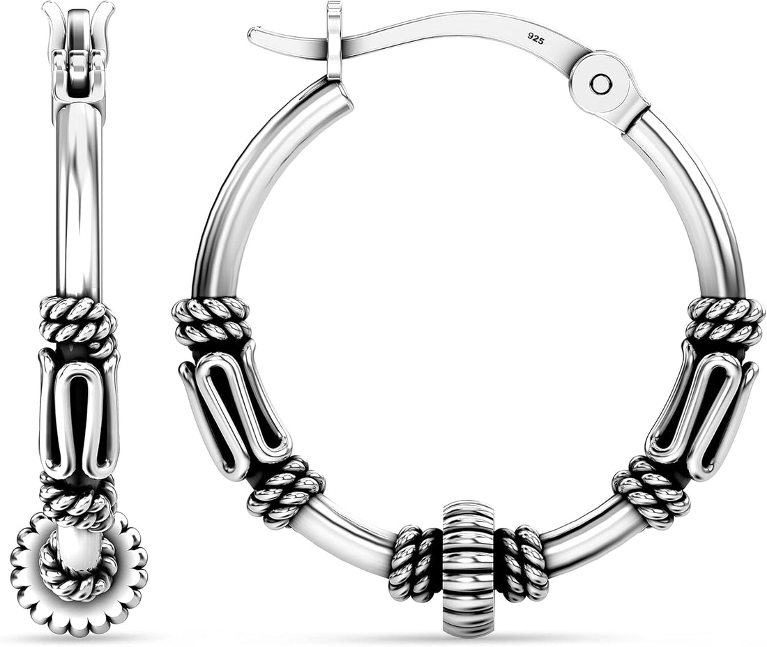 925 Sterling Silver Oxidized Balinese Small Beaded Hoop Earrings – Antique Bali Style Jewelry for Women