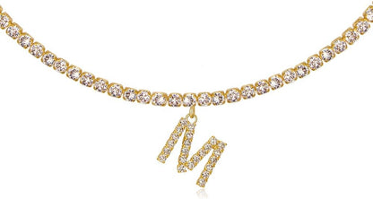 14K Gold Plated Letter Necklace – Iced Out CZ Initial Pendant on Tennis Chain Choker for Women
