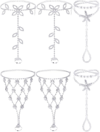 6 Pcs Women’s Barefoot Sandals Foot Jewelry Rhinestone Anklets Bohemian Foot Chain Set for Beach, Wedding &amp; Valentine’s Day