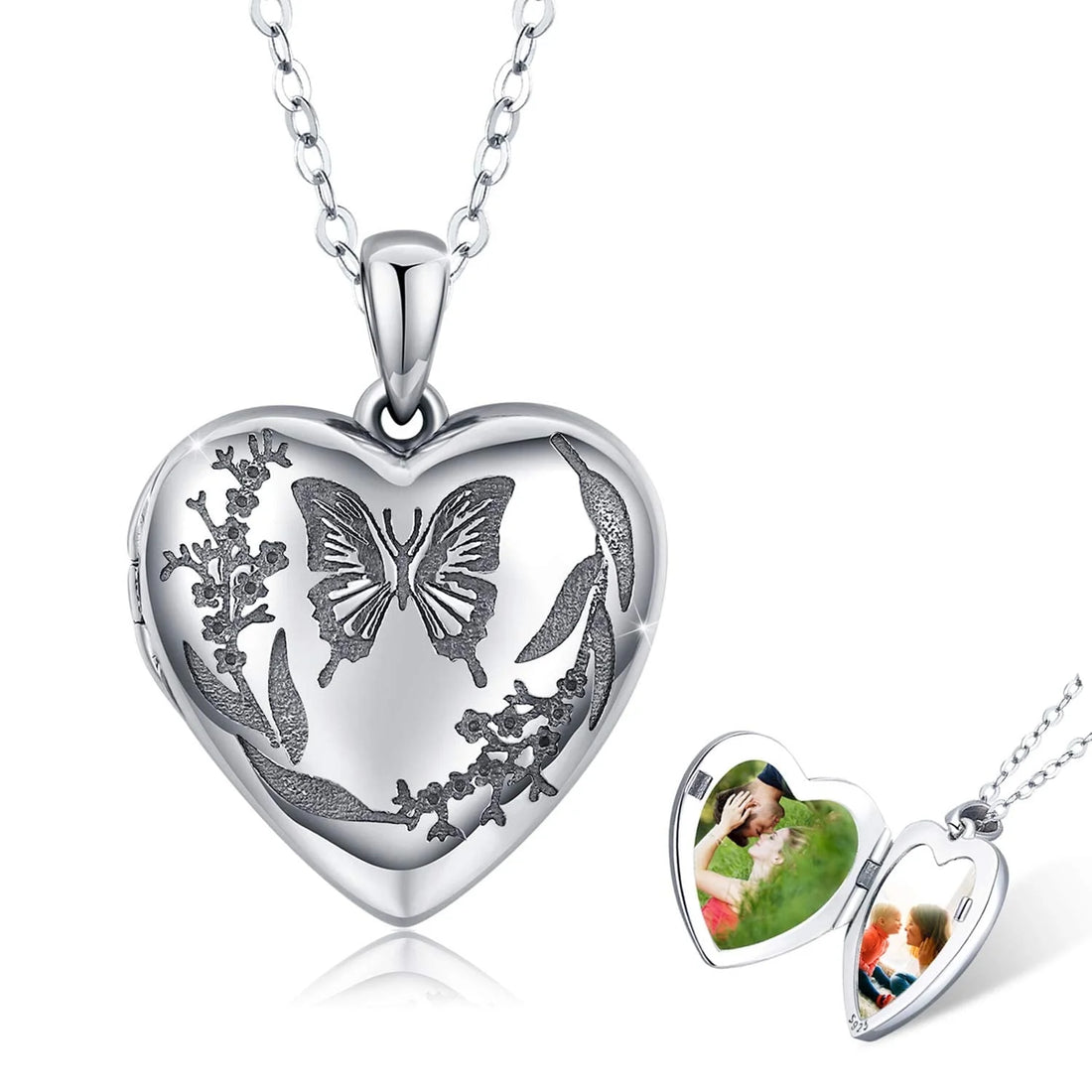 925 Sterling Silver Butterfly Heart Locket Necklace – Memorial Picture Pendant Jewelry