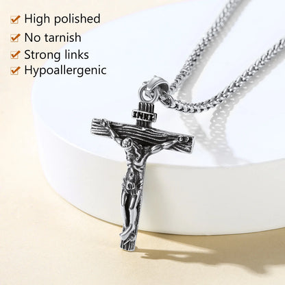 Men’s Stainless Steel Cross Necklace – INRI Crucifix Pendant, Religious Jesus Piece Praying Jewelry for Christian Dad, Father’s Day Gift