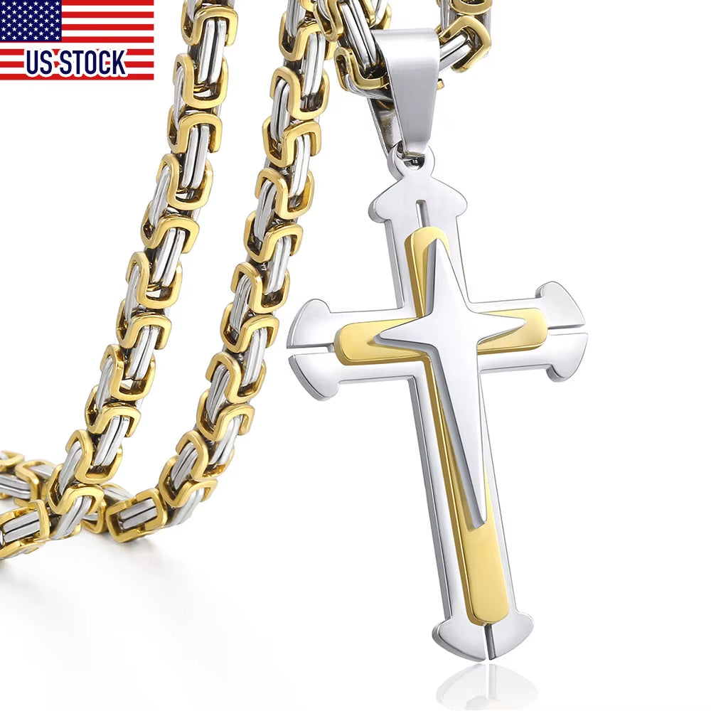 Men’s Cross Pendant Necklace – 3-Layer Knight Cross in Stainless Steel, Gold/Black/Silver – Durable Chain Jewelry (Model DDLKP179)