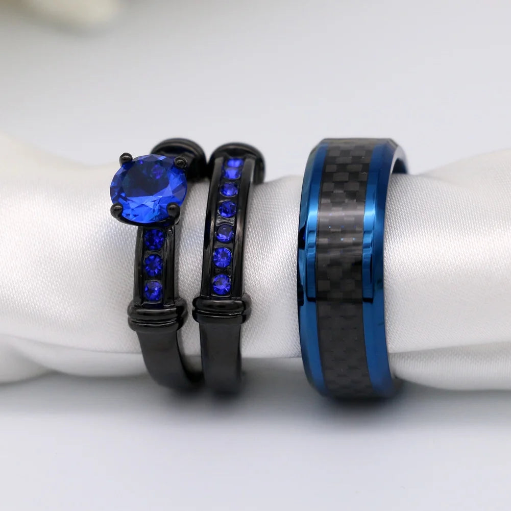 Matching Couple Rings – Black Gold Plated 1CT Blue CZ Wedding Ring Set with Male Ring