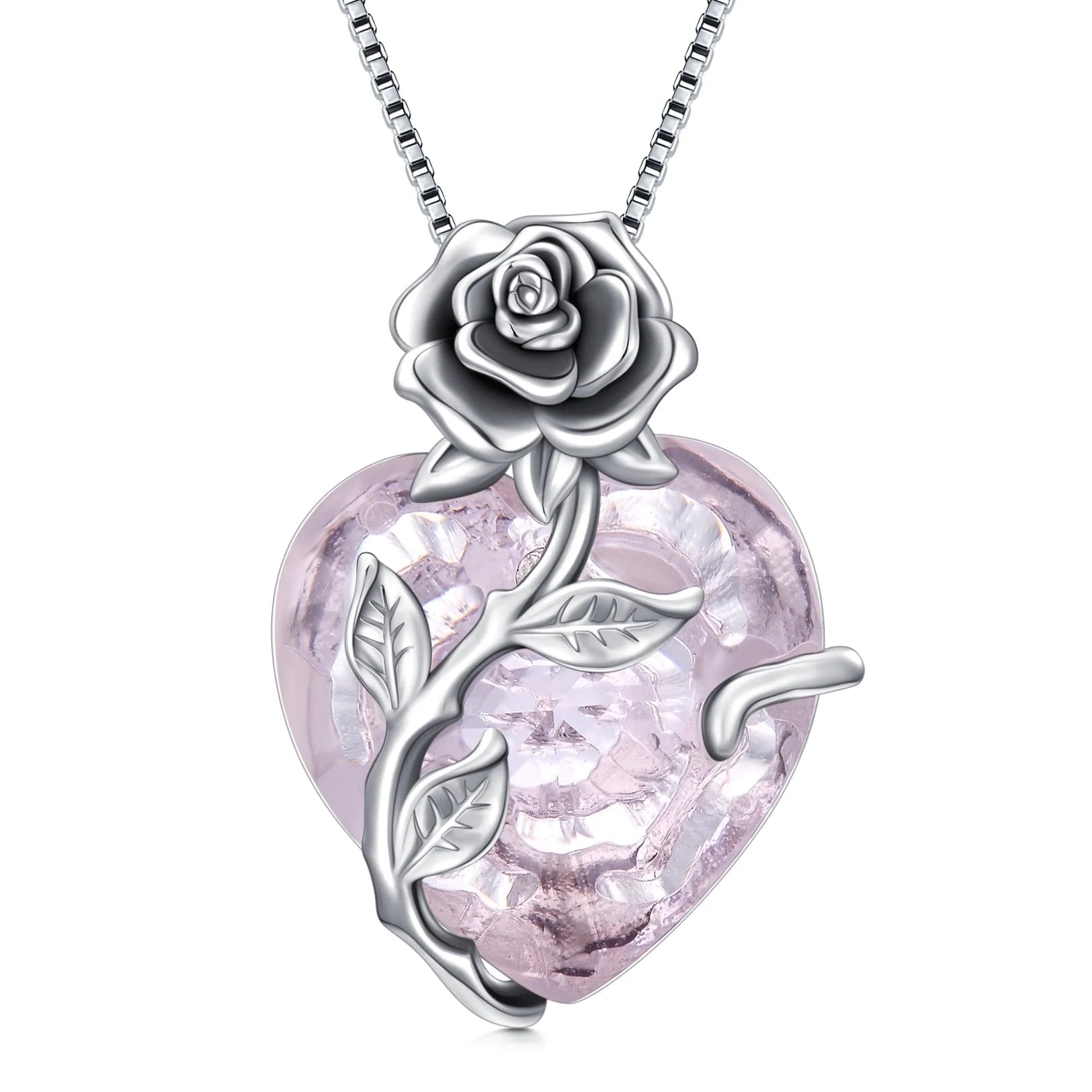 S925 Sterling Silver October Birthstone Necklace – Pink Tourmaline Blooming Rose Heart Pendant Gift for Women