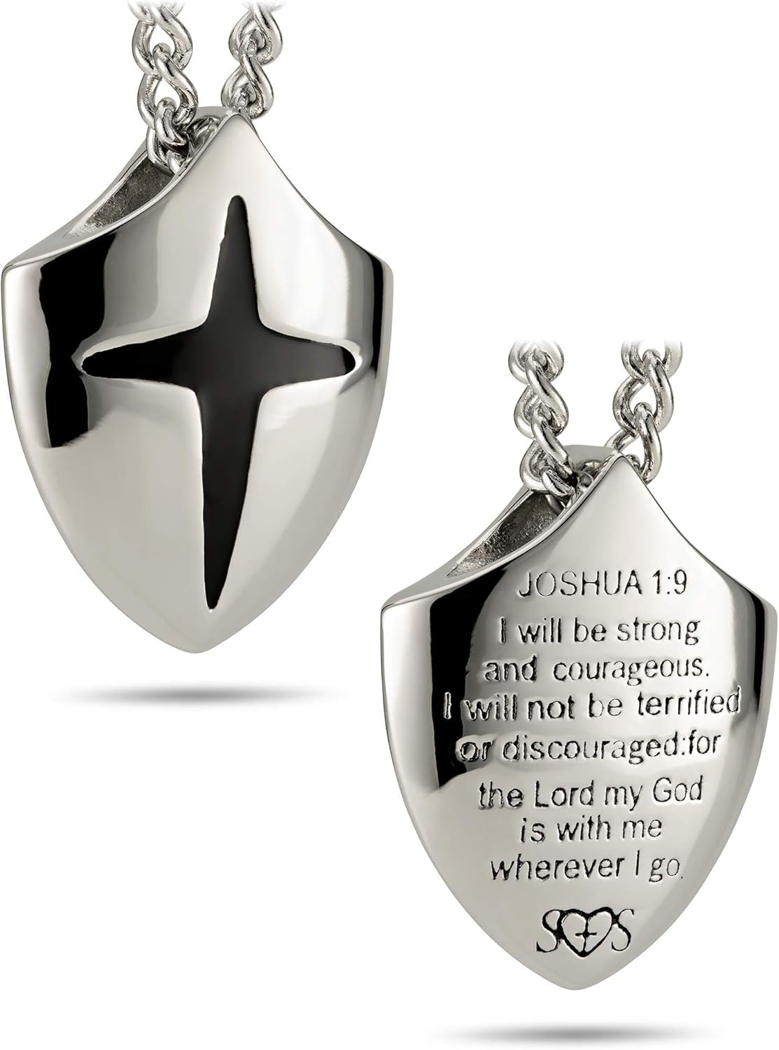 Cross Shield Necklace – Stainless Steel Pendant Inscribed with Joshua 1:9 | Symbol of Courage and Faith