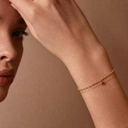 14K Solid Gold Red Heart Bracelet for Women, Adjustable 6+1 Inch Dainty Chain