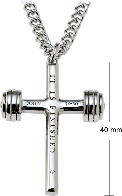Men’s 14K Gold Plated &amp; Stainless Steel Dumbbell Cross Pendant Necklace – Inscribed with John 19:30 | Faith &amp; Fitness Christian Gift