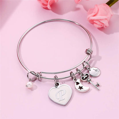 Initial Charm Bracelet for Women – Engraved Stainless Steel Bangle Personalized Gift for Her