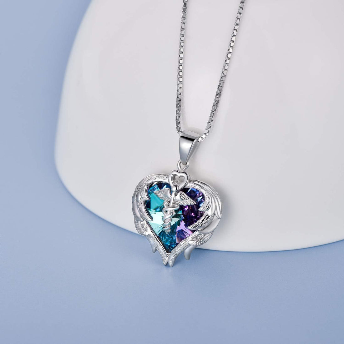 925 Sterling Silver Nurse Necklace – Caduceus Angel Wing Heart Pendant with Austrian Crystal, Gift for Nurses, Doctors &amp; Medical Students