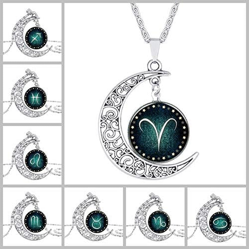 Zodiac Constellation Crescent Necklace – Luminous Gemstone Pendant on Long Sweater Chain