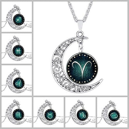 Zodiac Constellation Crescent Necklace – Luminous Gemstone Pendant on Long Sweater Chain