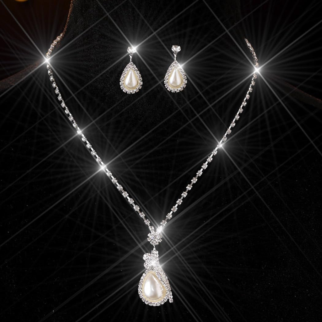 Bride Silver Necklace and Earrings Set – Crystal Rhinestone Bridal Wedding Jewelry Choker for Women and Girls