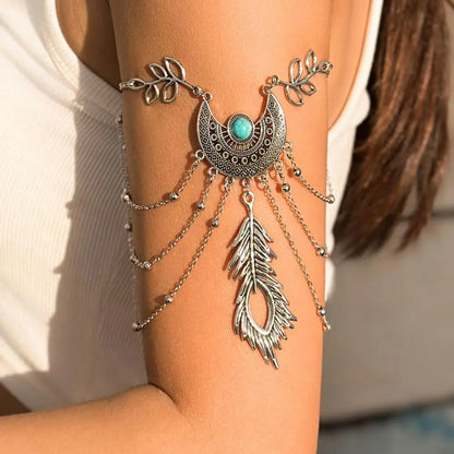 Women’s Arm Chain Feather Shape Bohemian Retro Leaf Tassel Faux Turquoise Arm Bracelet – Beach Party &amp; Wedding Jewelry Accessory