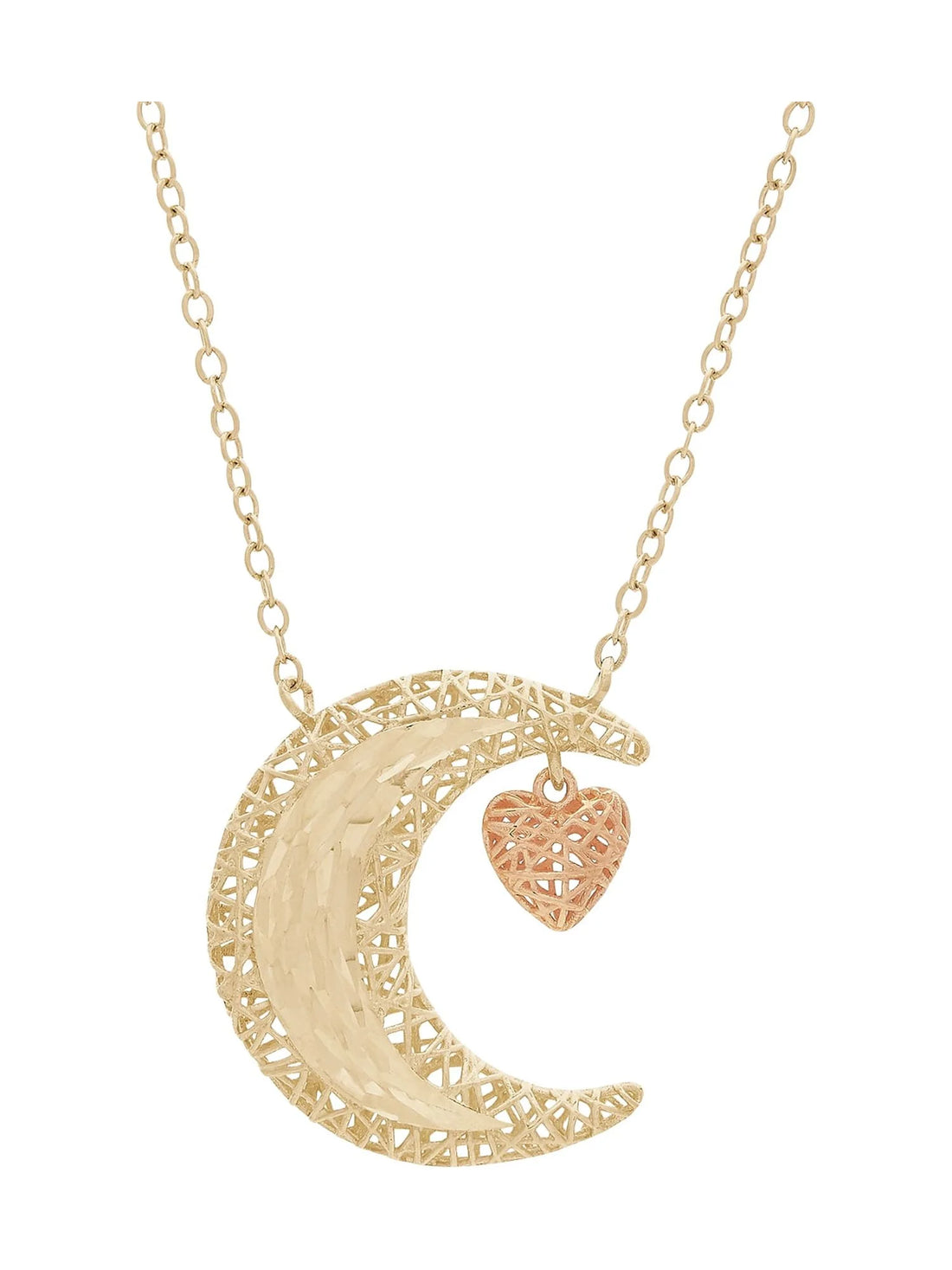 10K Yellow &amp; Rose Gold Celestial Moon and Heart Necklace – 18&quot; Puffed Pendant with Diamond-Cut Finish