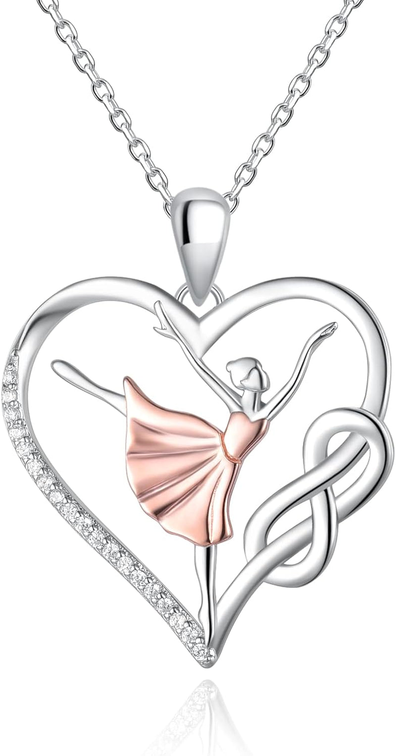Ballet Dancer Necklace – 925 Sterling Silver Heart Ballerina Infinity CZ Pendant for Women