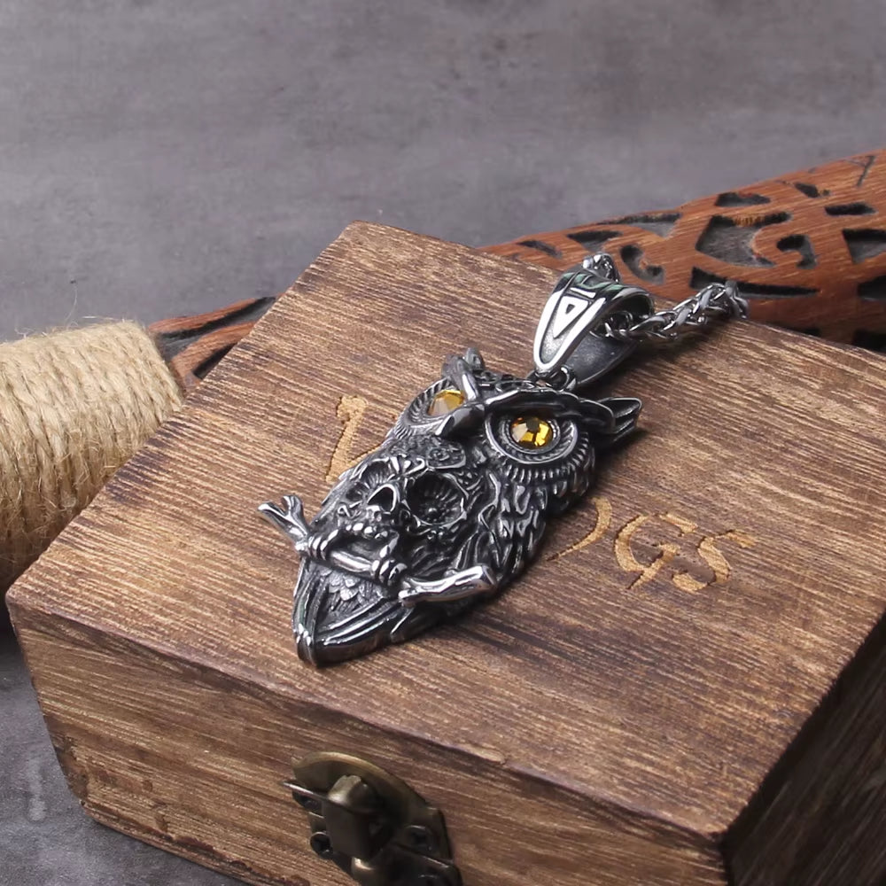Gothic Owl Skull Viking Pendant Necklace – Stainless Steel Punk Biker Jewelry for Men