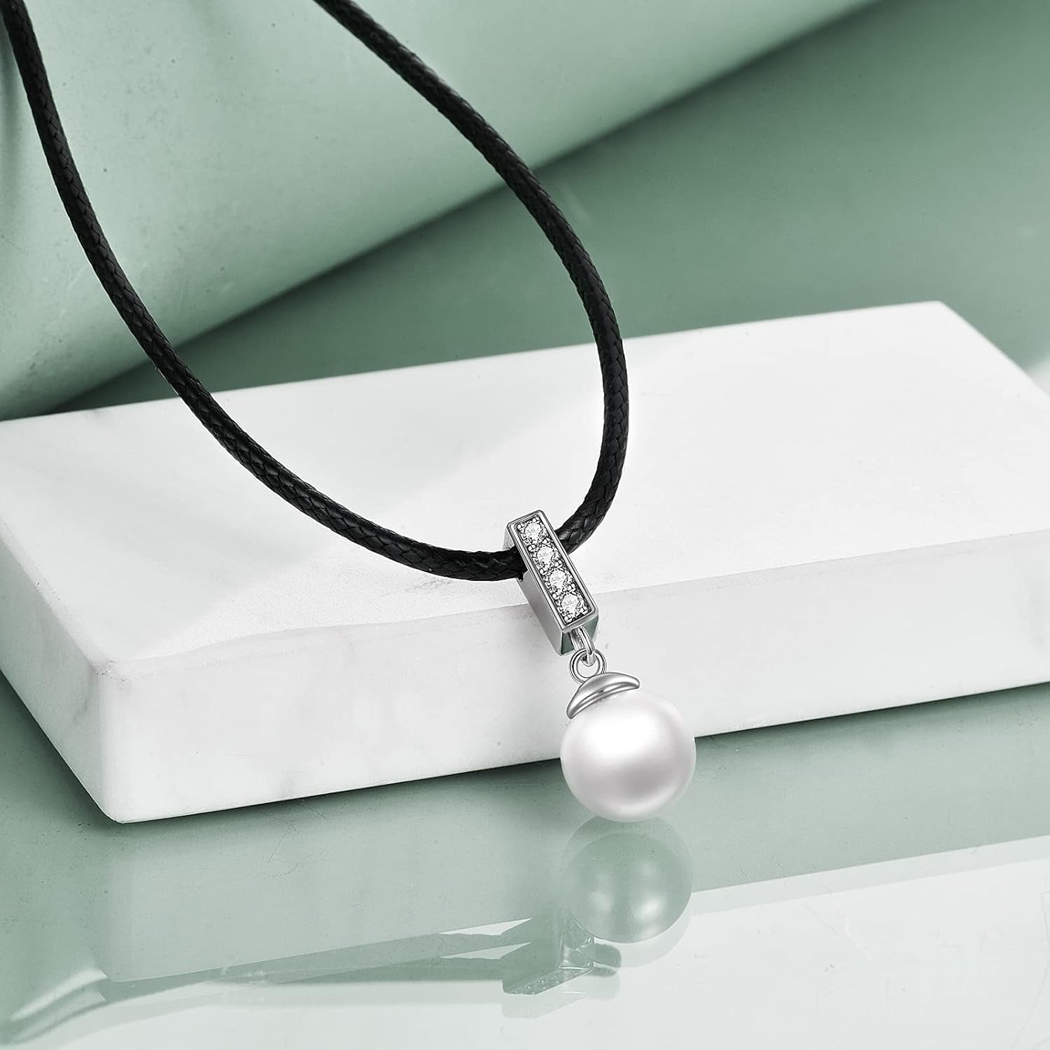 Sterling Silver Pearl Choker Necklace with Faux Leather Cord – Jewelry Gift for Women, 14+2&quot;