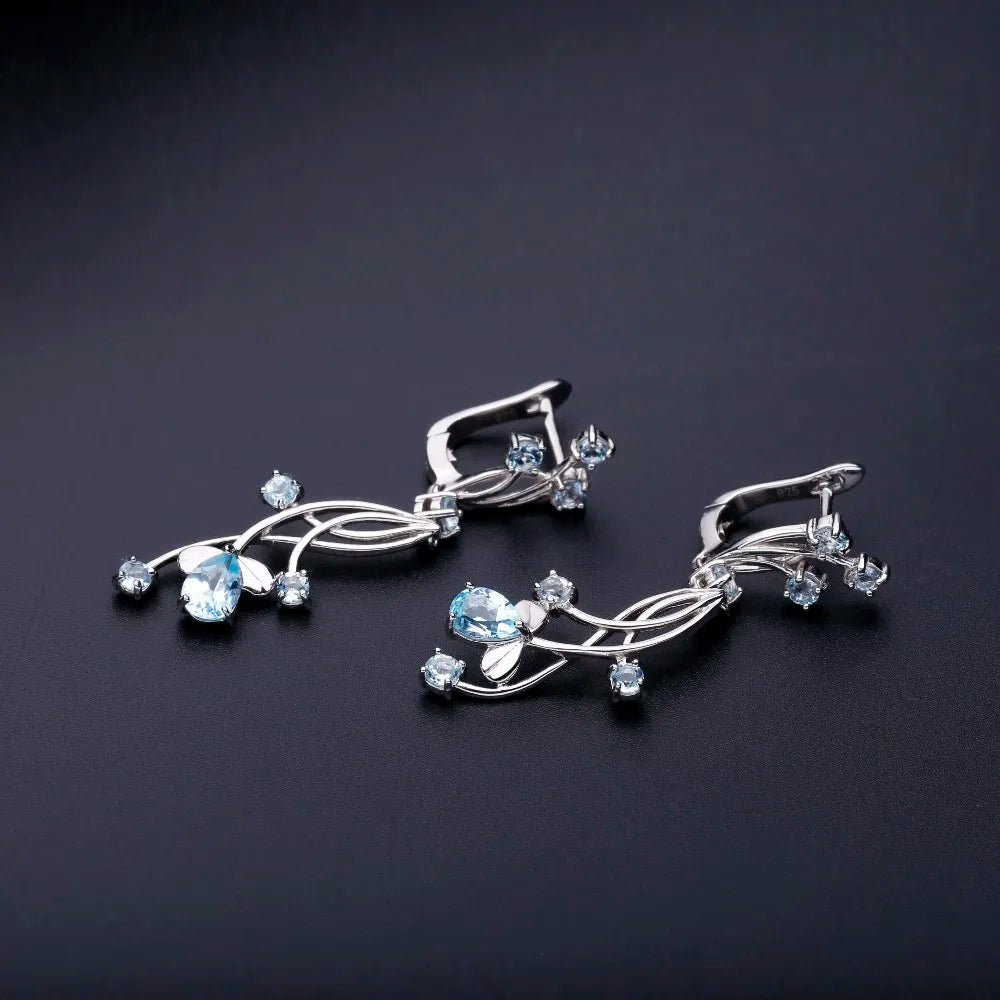 Flower Design 3.89T Natural Sky Blue Topaz Gemstone Drop Earrings – 925 Sterling Silver Bridal Wedding Jewelry