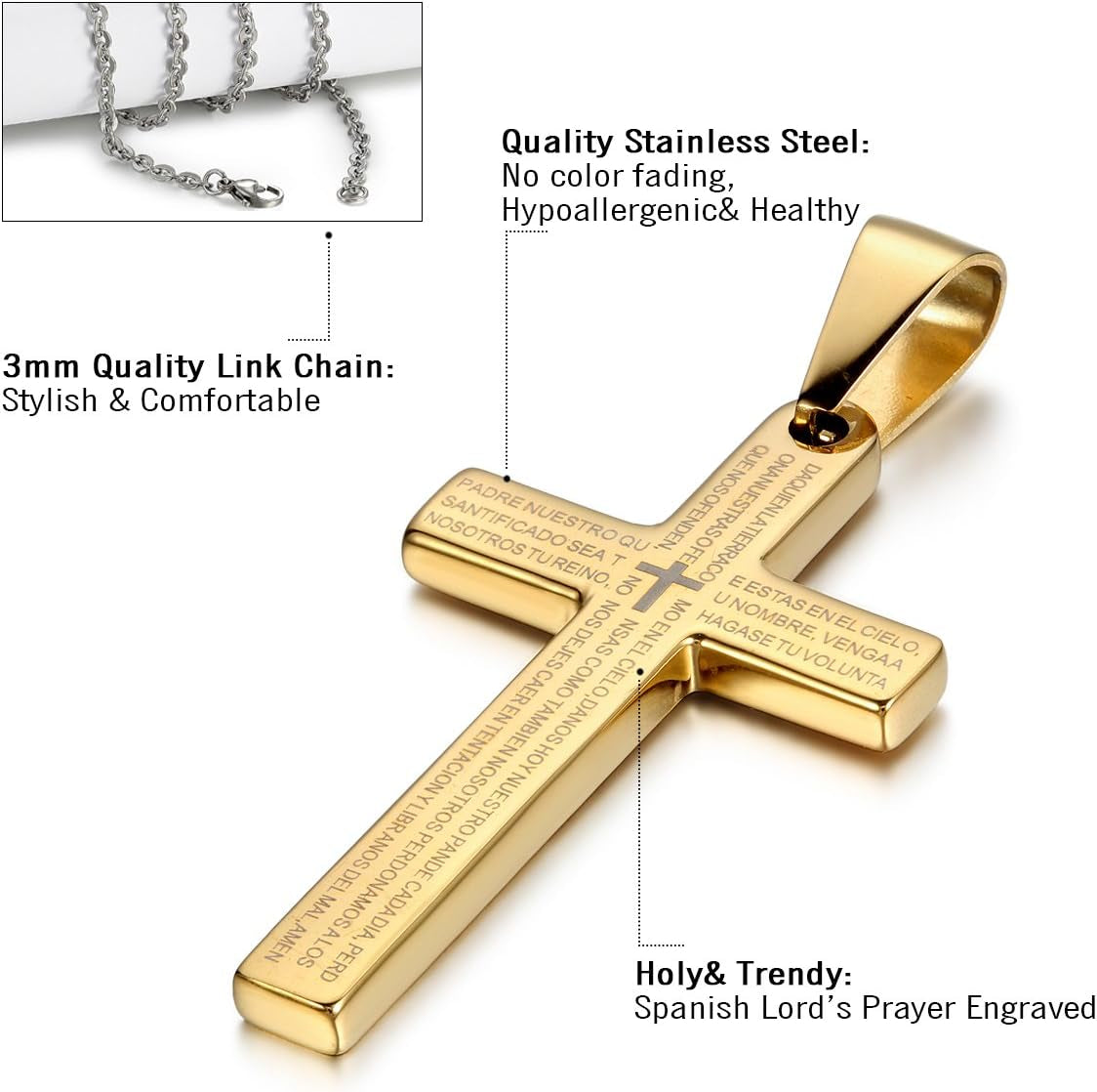 Men’s Stainless Steel Religious Bible Lord’s Prayer Cross Pendant Necklace – 22&quot; Chain | Christian Faith Jewelry