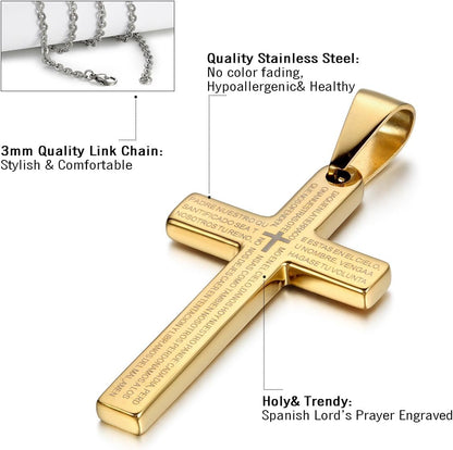 Men’s Stainless Steel Religious Bible Lord’s Prayer Cross Pendant Necklace – 22&quot; Chain | Christian Faith Jewelry