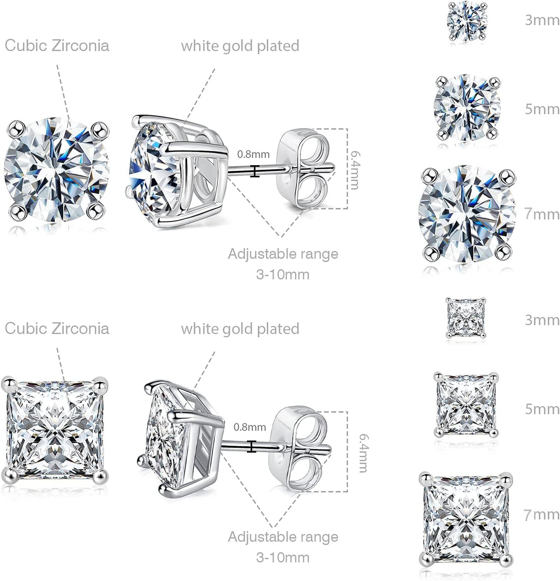 18K Gold Plated Round Princess Cut Clear Cubic Zirconia Stud Earrings – 6 Pairs Set
