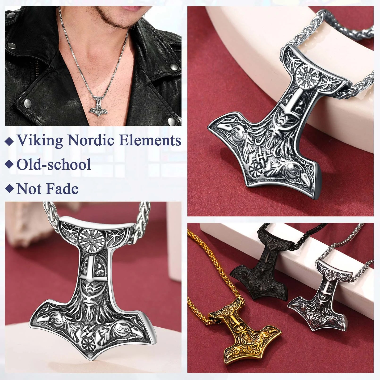 Thor’s Hammer Necklace for Men – Gold Plated Stainless Steel Mjolnir Pendant, Odin &amp; Raven Norse Viking Jewelry