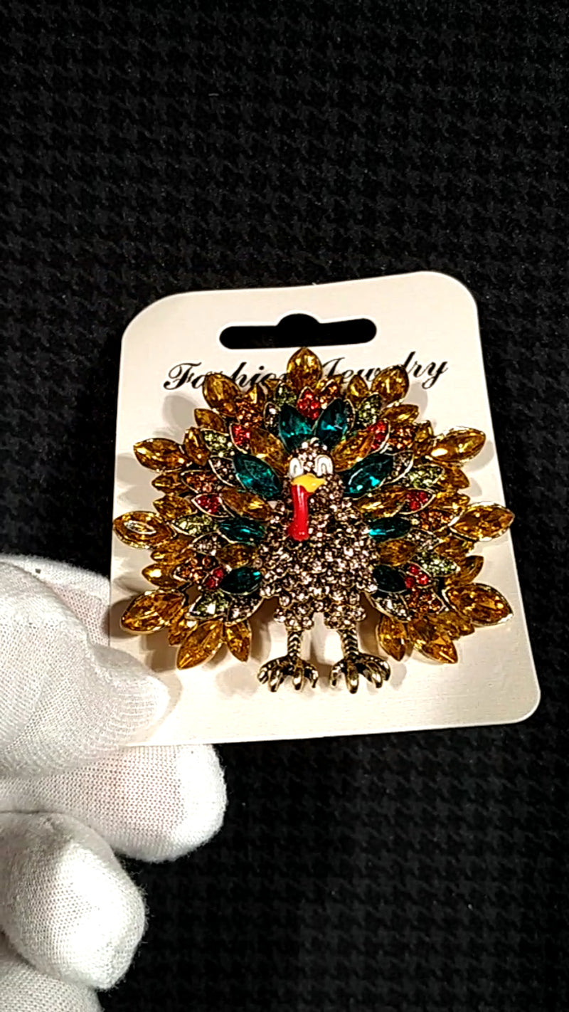 Turkey Thanksgiving Day Fall Crystal Rhinestone Brooch Pin with Velvet Bag