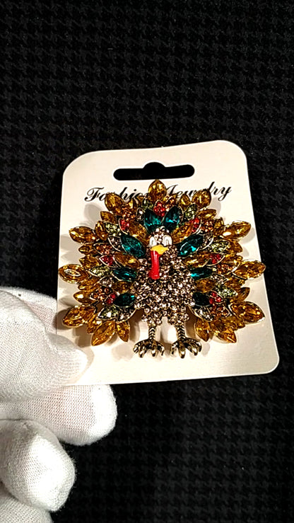 Turkey Thanksgiving Day Fall Crystal Rhinestone Brooch Pin with Velvet Bag