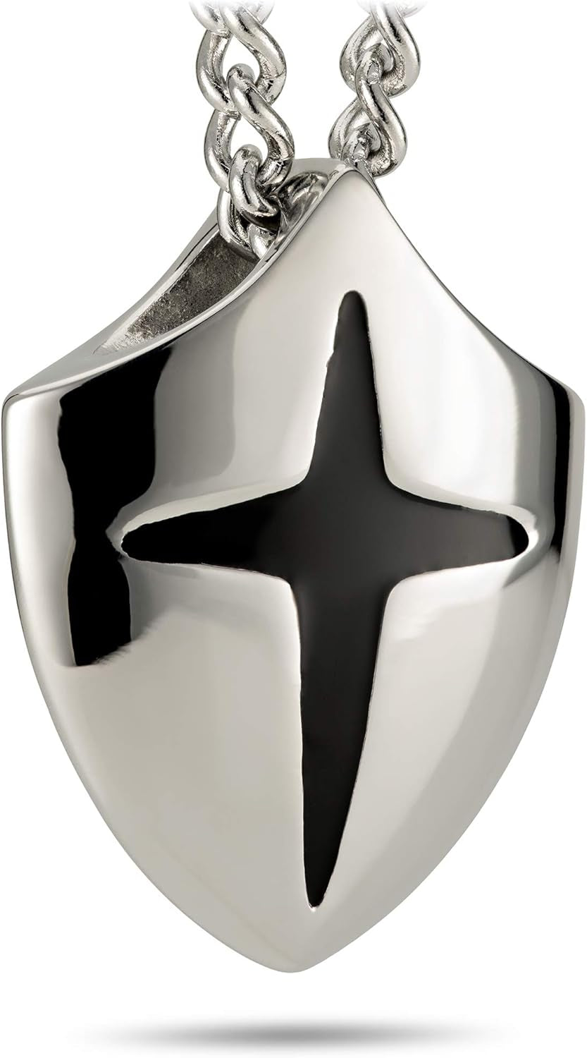 Cross Shield Necklace – Stainless Steel Pendant Inscribed with Joshua 1:9 | Symbol of Courage and Faith