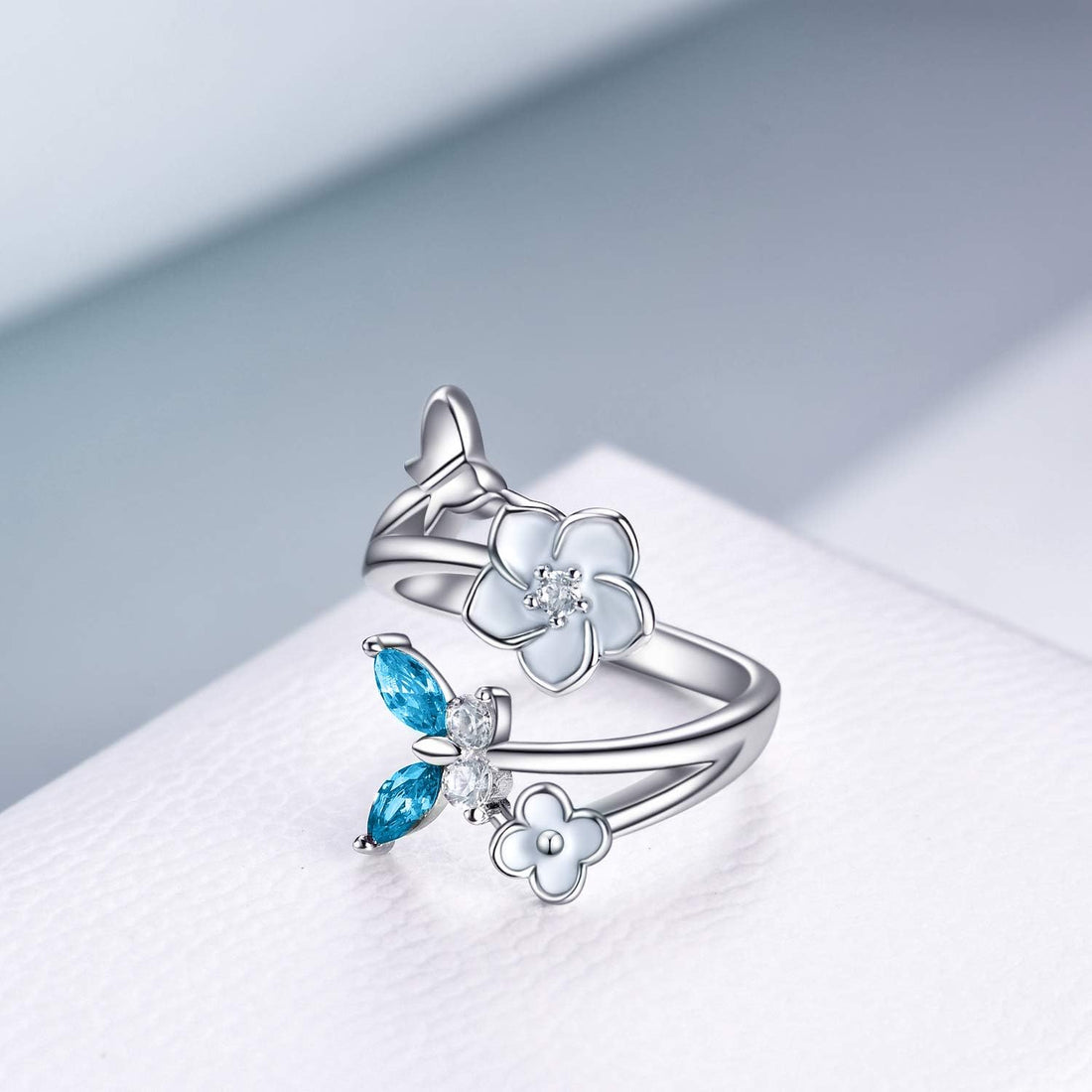 Sterling Silver Butterfly Ring with Cubic Zirconia Flower – Adjustable Band Jewelry for Women