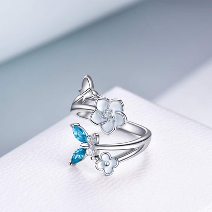 Sterling Silver Butterfly Ring with Cubic Zirconia Flower – Adjustable Band Jewelry for Women