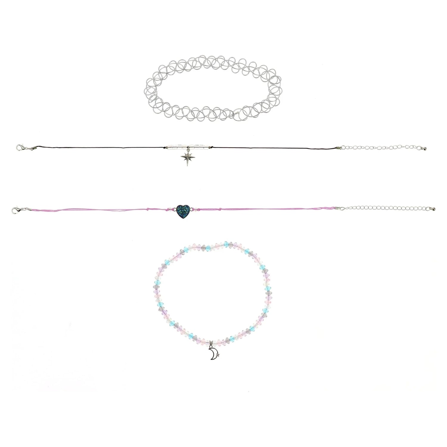 Kids Celestial Necklace &amp; Choker Set – 4-Pack Rhodium-Plated Star &amp; Moon Jewelry for Girls