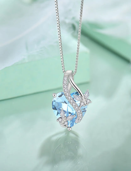 Infinite Heart Pendant Sterling Silver Butterfly Necklace – Women’s Birthstone Jewelry Gift with March Created Aquamarine