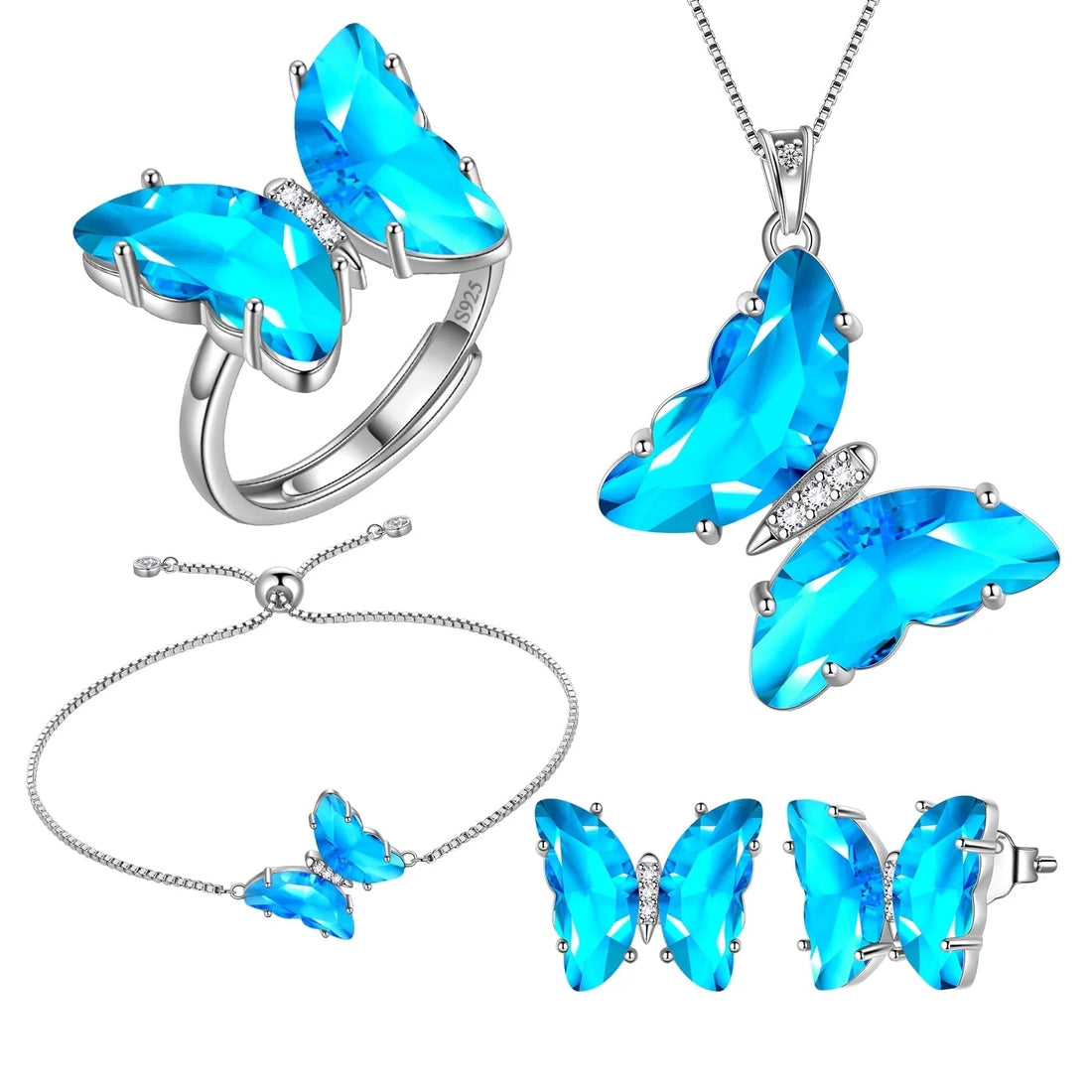 Blue Butterfly Jewelry Set – 5PCS Necklace, Earrings, Bracelet, Ring for Women Product Description