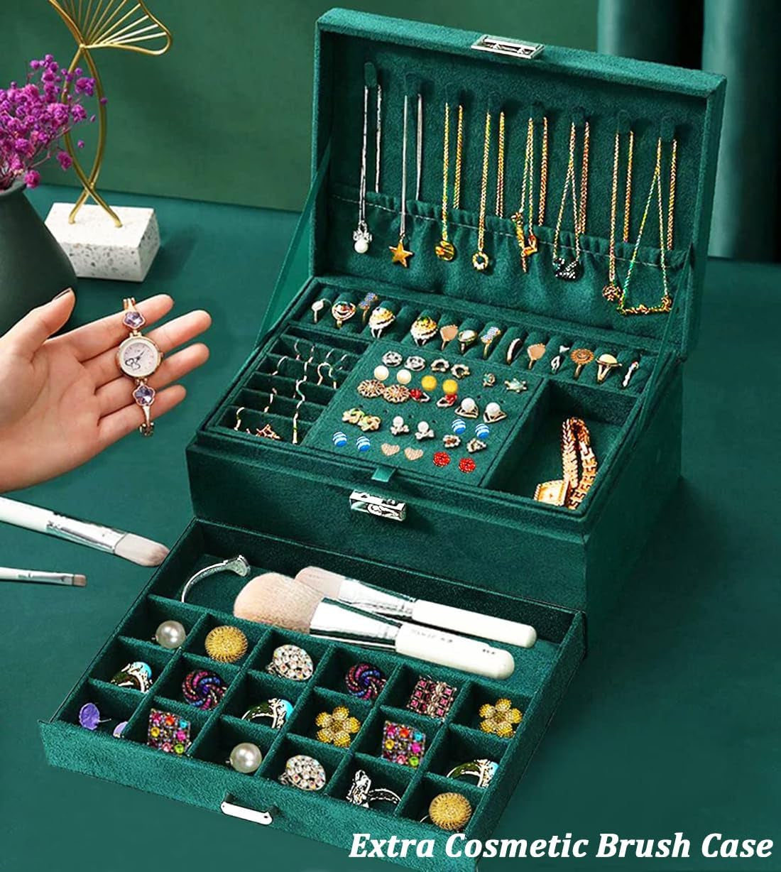 Green Velvet Jewelry Box for Women – Lockable Organizer for Necklaces, Earrings, Rings &amp; Bracelets – Elegant Teen Jewelry Storage Case