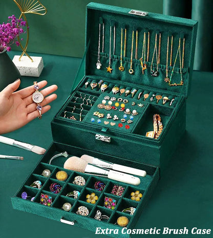 Green Velvet Jewelry Box for Women – Lockable Organizer for Necklaces, Earrings, Rings &amp; Bracelets – Elegant Teen Jewelry Storage Case