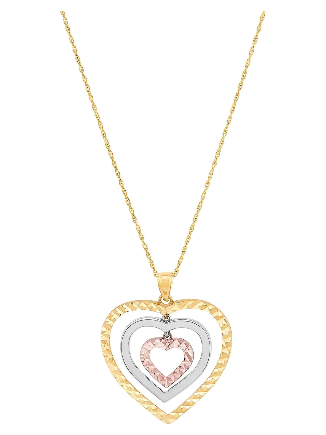 10K Tri-Tone Gold Triple Open Heart Pendant Necklace, 18&quot;