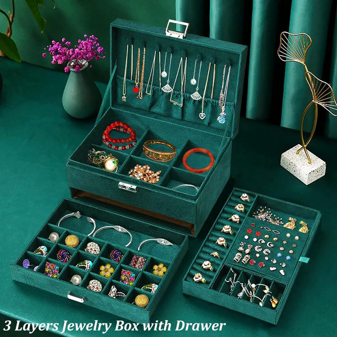 Green Velvet Jewelry Box for Women – Lockable Organizer for Necklaces, Earrings, Rings &amp; Bracelets – Elegant Teen Jewelry Storage Case