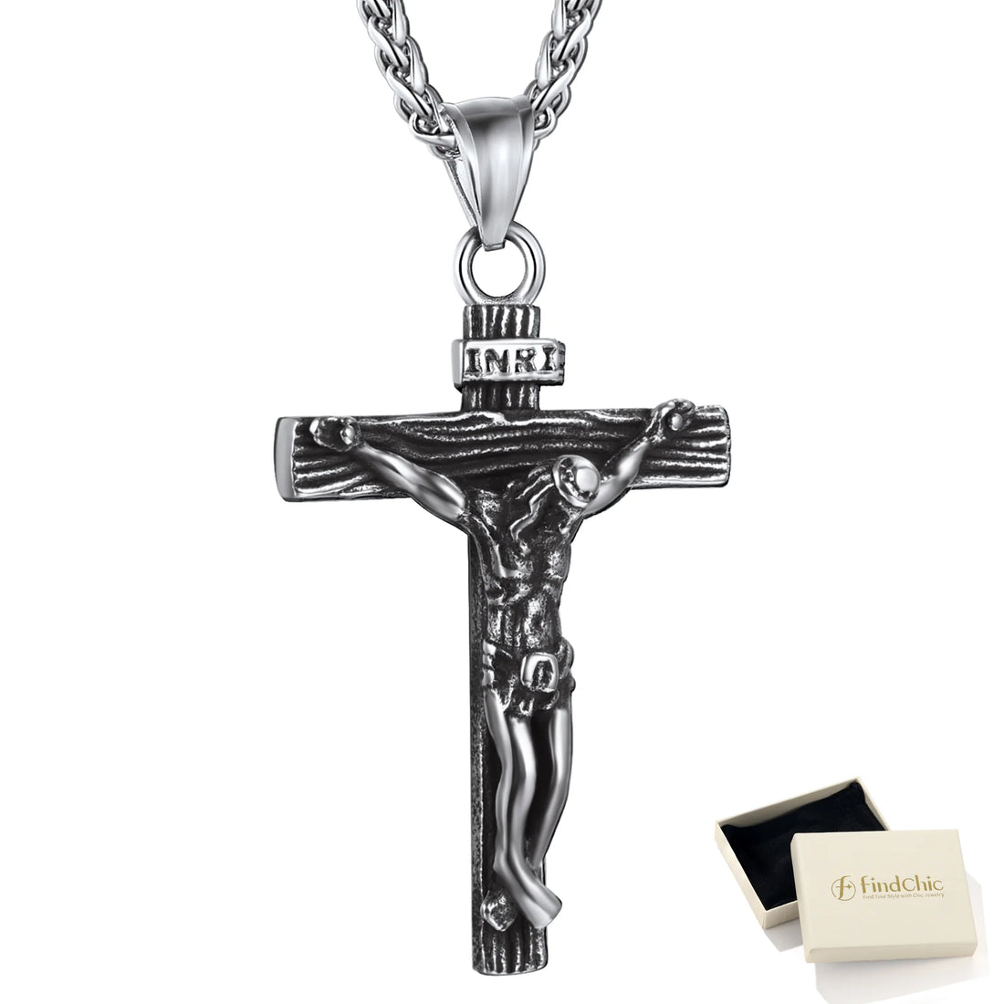 Men’s Stainless Steel Cross Necklace – INRI Crucifix Pendant, Religious Jesus Piece Praying Jewelry for Christian Dad, Father’s Day Gift